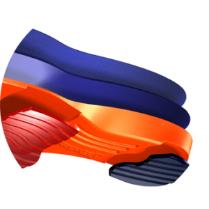 Sorbothane Insoles made with dual casting showing the different layers in blue, orange, red, and black