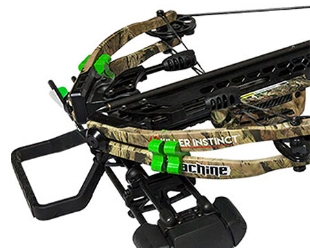 Camouflaged colored Killer Instinct Crossbow with green Sorbothane vibration and noise dampers.