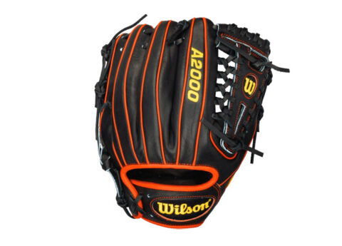 Black Wilson baseball glove with orange accents