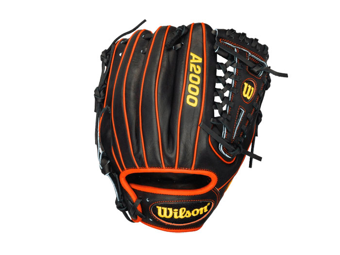 Black Wilson baseball glove with orange accents