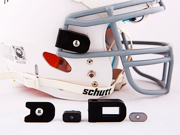 Mayfield Athletics white helmut with Sorbothane shock absorbing SAFE Clip components