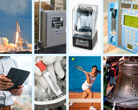 Collage of various industries and applications, including a rocket launch, industrial equipment, a Vitamix blender, a laboratory device, an electronic control panel, a person using a tablet, a gloved hand holding a labeled test tube, a tennis player hitting a ball, and the Liberty Bell to show the dynamic applications of Sorbothane.