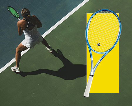 Overhead view of a tennis player in a white outfit swinging a racket on a green court, with a large cutout image of a yellow and blue tennis racket overlaid on the right side. The tennis racket features the Road-to-Pro tennis racket vibration damper made with Sorbothane.