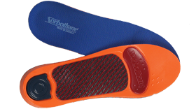 Blue and orange Ultra Graphite Arch™ (Medium Arch) insoles with red and black components