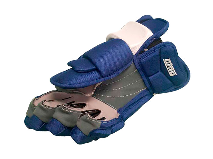 Blue, cream, and grey Otny Impact Hocky glove laying palm up on a white surface.