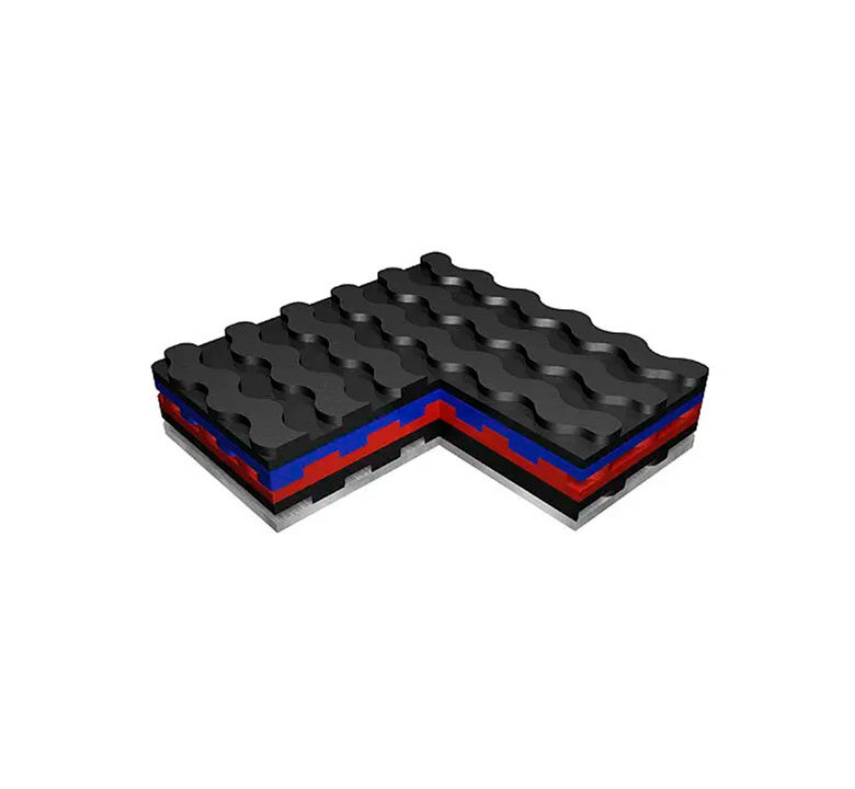 Black, blue, red, and grey layered Sorbothane Interlocking Shock Absorbing System