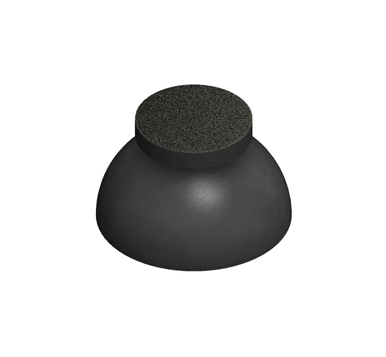 Rendering of a Sorbothane hemisphere with a felt dot and adhesive backing