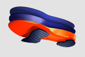Ultra Max Duty Sorbothane Insole cross section with navy blue and bright orange elements.